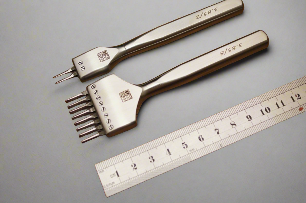 4Z DIY Leather Craft Set Of 2+9 Flat Prongs Punching Tools, Pricking Irons Stainless Steel, Leatherworking Tools, Chisels