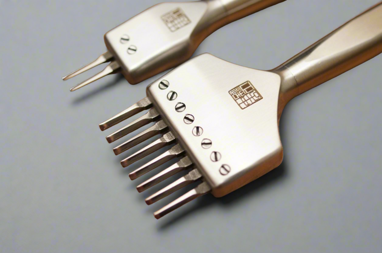 4Z DIY Leather Craft Set Of 2+9 Flat Prongs Punching Tools, Pricking Irons Stainless Steel, Leatherworking Tools, Chisels